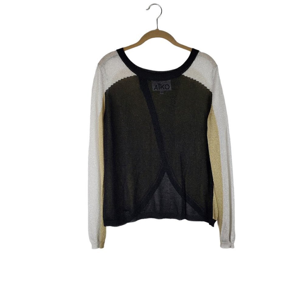 Aiko Knit Top Lightweight Gold Silver Metallic Sheer Petal Back Size Small